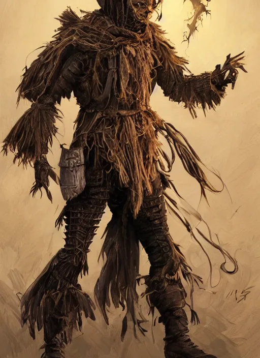 Image similar to powerful male scarecrow, willem dafoe as scarecrow, full body character concept, covered in full leather armor, art nouveau, super powers, fantasy, intricate, elegant, highly detailed, digital painting, artstation, concept art, shining, sharp focus, illustration, art by stanley lau