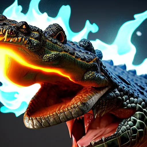 Prompt: realistic mage crocodile shoot fire spells, artstation trends, ultra sharp, realistic, 8 k