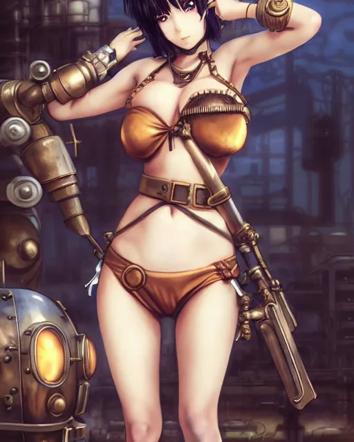 Image similar to portrait Anime Girl in bikini armor steampunk cute-fine-face, pretty face, realistic shaded Perfect face, fine details. Anime. Bioshock steampunk realistic shaded lighting by katsuhiro otomo ghost-in-the-shell, magali villeneuve, artgerm, rutkowski Jeremy Lipkin and Giuseppe Dangelico Pino and Michael Garmash and Rob Rey