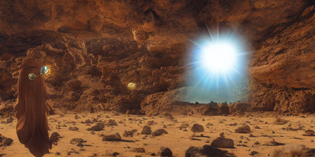 Image similar to levitating woman with full - face golden bright reflective mask in a dry rocky desert landscape, visible sky and sunny atmosphere, floating rocks, flying rocks and fata morgana and giant mirrors by alejandro jodorowsky, anamorphic lens, kodakchrome, practical effects, masterpiece, 8 k