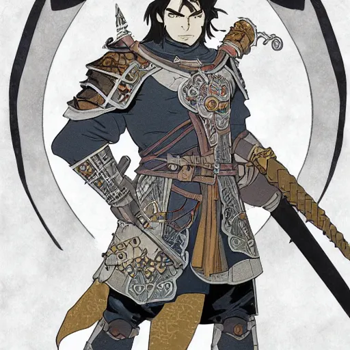 Prompt: half orc cleric, dungeons and dragons, male, wearing eye shadow, ornate armor, steampunk, realistic facial features, highly detailed, illustration, Makoto Shinkai and Studio Ghibli animated film still, by Ilya Kuvshinov and Alphonse Mucha