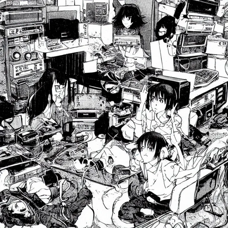 Image similar to manga illustration of teenager playing video games inside creepy 1 9 8 0's living room basement by katsuhiro otomo, kentaro miura, satoshi kon