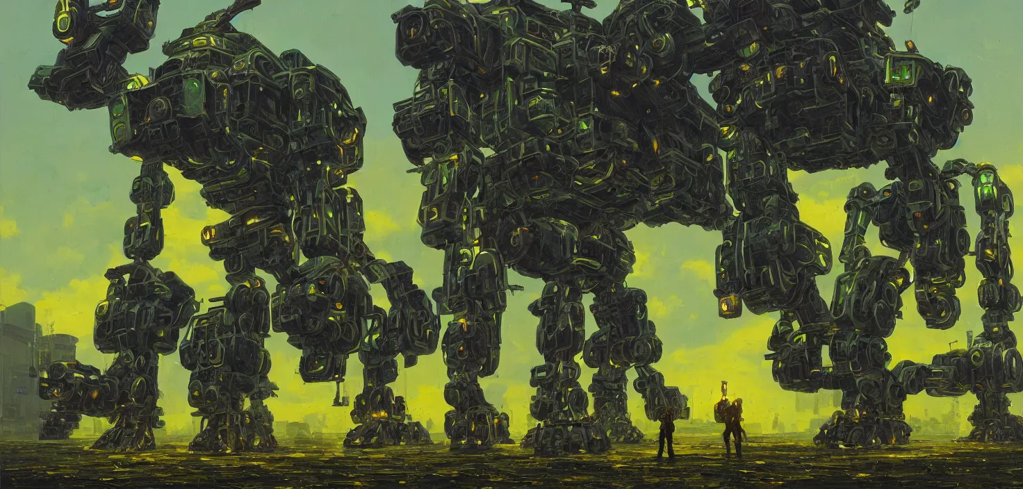 Image similar to an intricate oil painting of a giant armored metal mecha by simon stalenhag, green, yellow and black trim