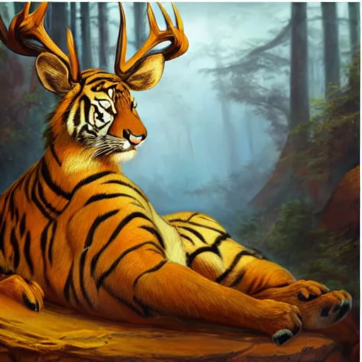 Image similar to tiger - deer creature, oil painting by justin gerard