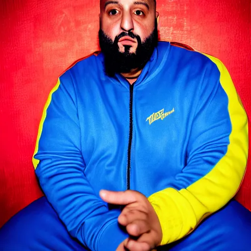 Image similar to ultra detailed portrait photo of dj khaled in a studio, blue, under red and yellow cinematic lighting, by van gogh