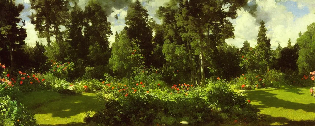 Image similar to illustrated background of a garden by eugene von guerard, ivan shishkin, winslow homer, john singer sargent, 4 k