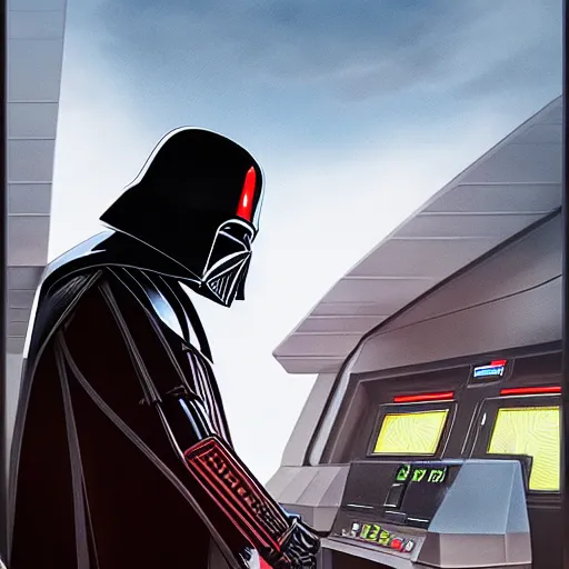 Image similar to (darth vader sits in his TIE Fighter at the taco bell drive through waiting impatiently for his order that will be invariably wrong), artwork by mark brooks and Asher Brown Durand, grand master, cinematic