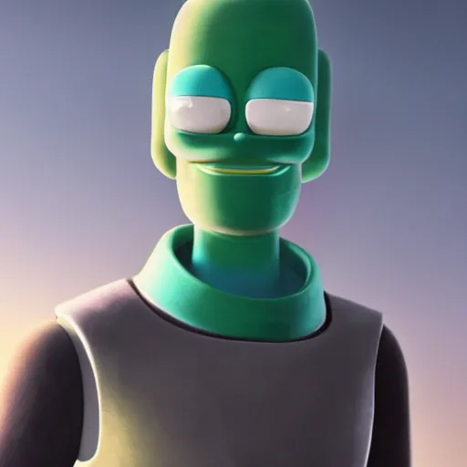 Image similar to a photorealistic render of bender as a real life character