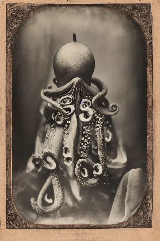 Prompt: a wet plate photo of an anthropomorphic octopus dressed as pope