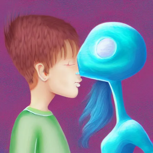 Prompt: cute girl alien meets human boy from Earth, digital painting