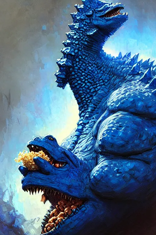 Image similar to happy blue godzilla wearing a hat, eating baked beans while watching tv, detailed portrait dnd, painting by gaston bussiere, craig mullins, greg rutkowski, yoji shinkawa