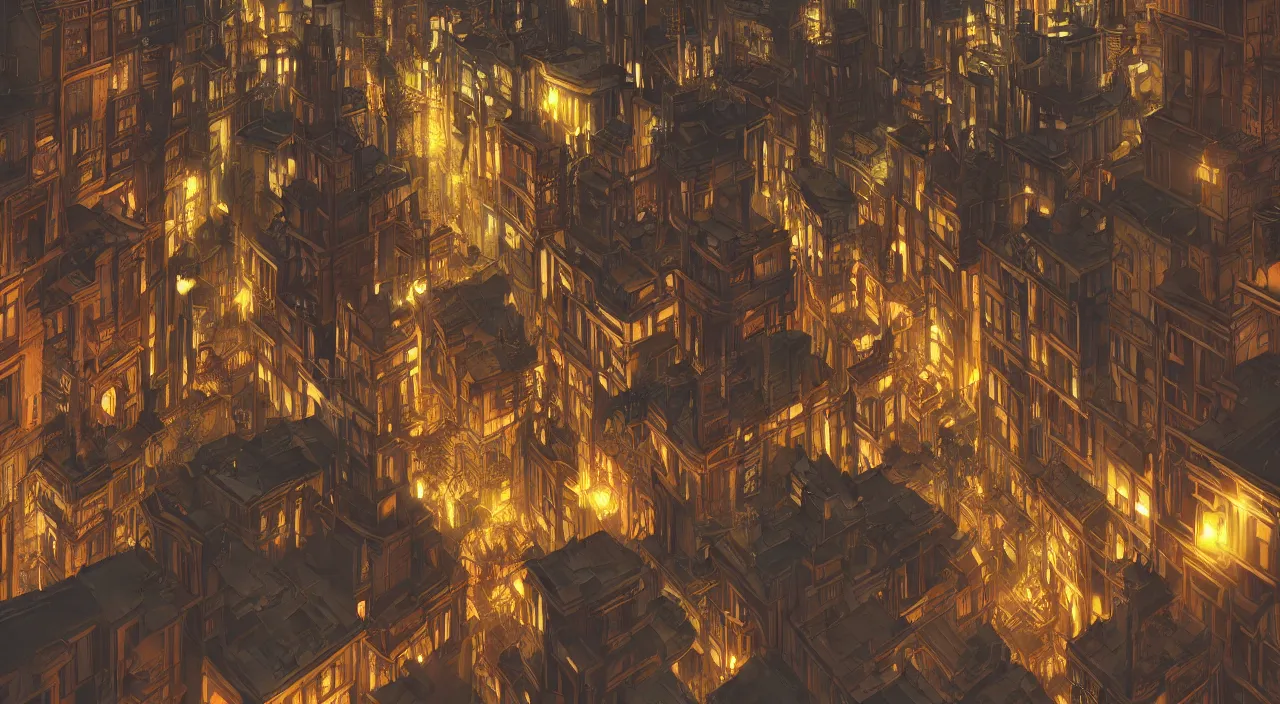 Prompt: low angle steampunk city by Tomer Hanuka, night time, streetlights, trending on artstation, octane render