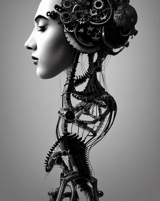 Image similar to black and white dreamy foggy profile face portrait, one steampunk eye biomechanical beautiful young female cyclope - cyborg - robot bust, body ribs meshes,, volumetric light, hibiscus flowers, by hg giger, rim light, by dora maar and cecile beaton, big gothic fashion pearl embroidered collar, 8 k