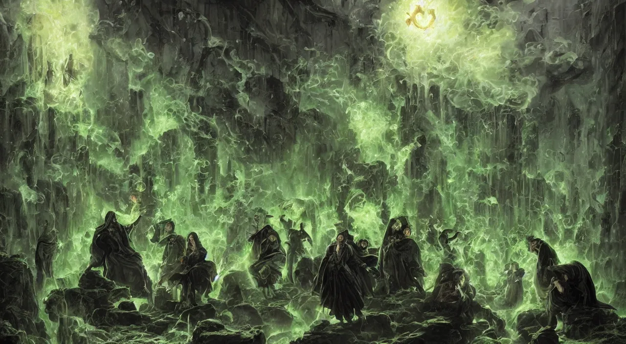 Image similar to A highly detailed oil painting by Greg Rutkowski of a group of sorcerers wearing black robes making a potion in a huge bubbling cauldron glowing bright green, with lots of fire coming from it, highly detailed fantasy concept artwork, very realistic, green and black color scheme, graffiti.