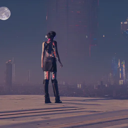 Image similar to a punk girl turns front, big spaceship over city, dust hour, highly detailed, epic, render, unreal engine, in cyberpunk style