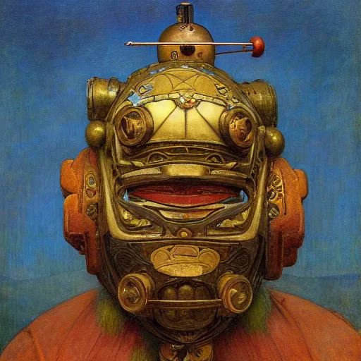 Image similar to the robot king with his bird mask, by Annie Swynnerton and Diego Rivera and Elihu Vedder, symbolist, dramatic lighting, elaborate geometric ornament, Art Brut, soft cool colors,smooth, sharp focus, extremely detailed, Adolf Wölfli and Donato Giancola