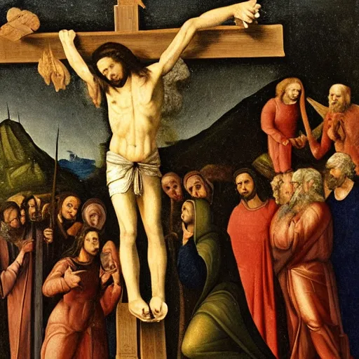 Image similar to Crucified Viktor Orban on the Golgota, renaissance oil painting,