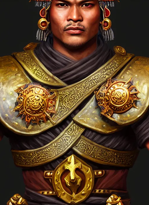 Image similar to smart tai warlord of yodia, closeup portrait, without beard and mustache, historical hero, ethnic group, tai costume, thai traditional bronze headdress, intricate, with leather armor cross on bare chest, elegant, loin cloth, highly detailed, oil painting, artstation, concept art, matte, sharp focus, illustration, hearthstone, art by earl norem