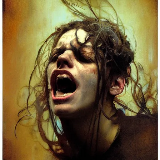 Image similar to hyperrealist portrait of a screaming head made of smoke by jeremy mann and alphonse mucha and alan lee, fantasy art, photo realistic, dynamic lighting, artstation, poster, volumetric lighting, very detailed faces, award winning