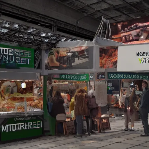 Image similar to a scene of a market stall at a trade show from the film a minority report taken from a distance, cinematic, dslr, unreal engine, hyper realistic