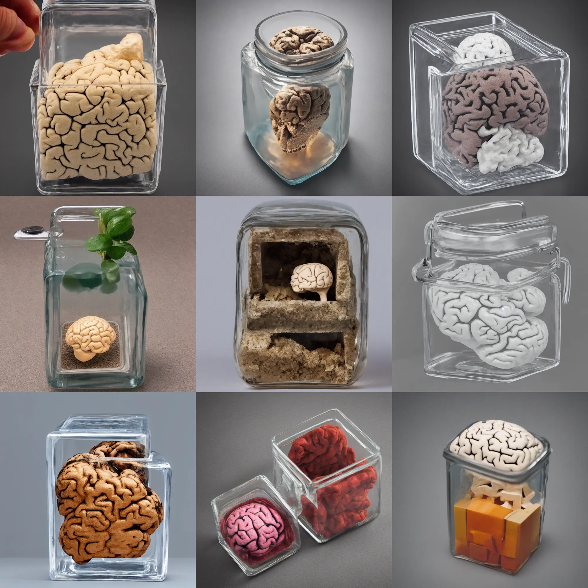 Prompt: Product photo of a cube brain in a square jar for sale