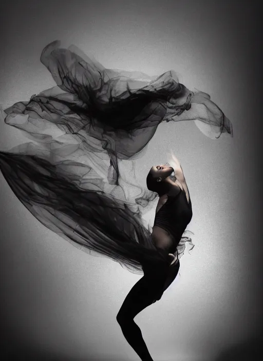 Image similar to a photorealistic dramatic hyperrealistic render of a glamorous beautiful female smoke dancer by ken brower and deborah ory of nyc dance project, lois greenfield, flowing cloth and smoke, beautiful dynamic dramatic dark moody lighting, volumetric, shadows, cinematic atmosphere, octane render, 8 k