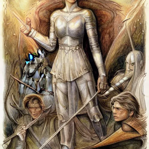 Prompt: most beautiful jeanne d'arc in the style of william blake, terese nielsen, detailed, intricate, beautiful faces, steve argyle, loss of sanity, ecclesial wolf's den pastoral fantastic reality