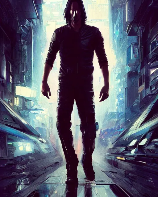 Image similar to full body portrait of Cyberpunk Keanu Reeves by Stanley Artgerm Lau, WLOP, Rossdraws, frank frazetta, Andrei Riabovitchev, Marc Simonetti, tranding on artstation