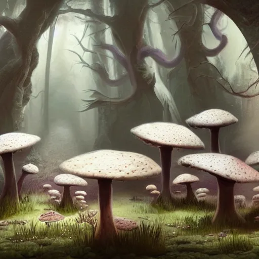 Image similar to leucistic Axolotls in an eerie mushroom forest, matte painting