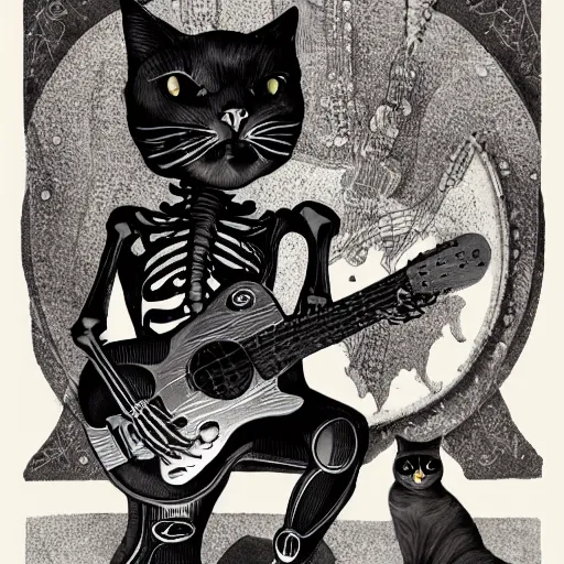 Image similar to skeleton wearing headphones, watching girl playing guitar while her black cat standing next to her, detailed intricate ink illustration, dark atmosphere, detailed illustration, hd, 4k, digital art, overdetailed art, by greg rutkowski, by loish, complementing colors, Trending on artstation