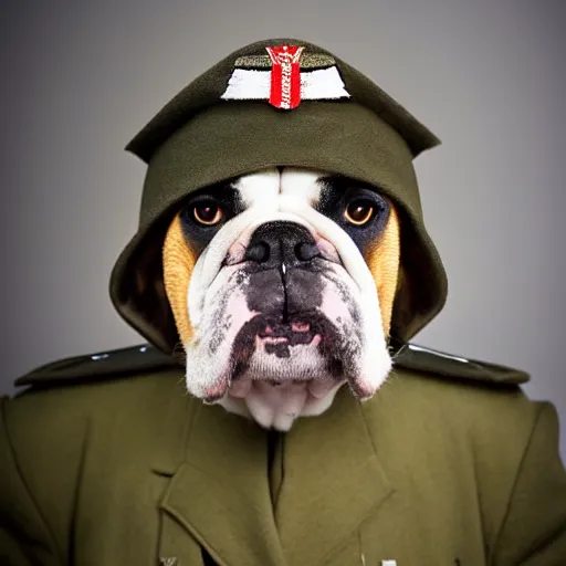 Prompt: portrait of a bulldog wearing royal air force 1942 fighter pilot uniform and head gear