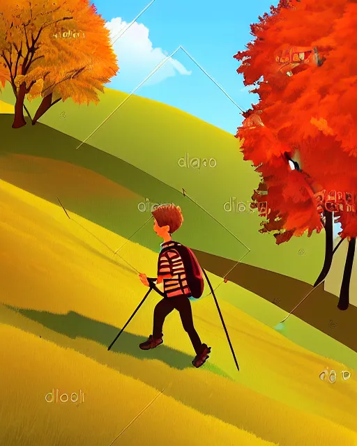 Image similar to autumn hillside boy hiking illustration detailed, by pedro kruger