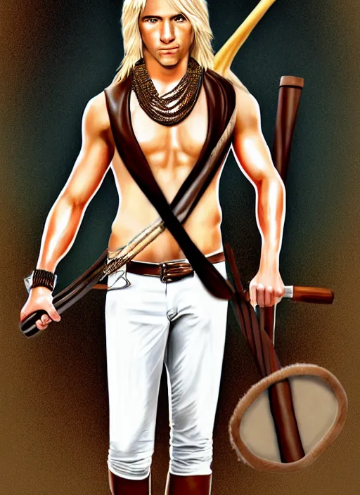 Image similar to a male ranger with a bongo drum and holding nunchaku, wearing a leather vest and white linen pants, chiseled good looks, long swept back blond hair, puka shell necklace, dnd, digital art