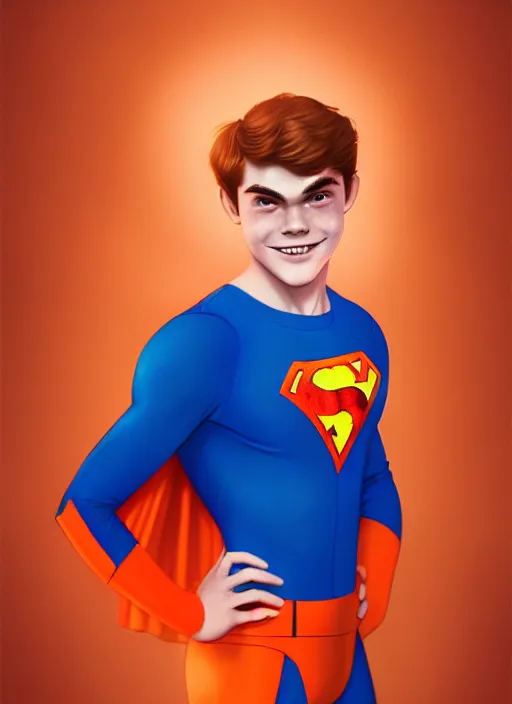 Image similar to friendly teenage archie andrews wearing an orange superhero costume with heart logo, heart, freckles, blue cape, heart emblem on chest, blue cape, intricate, elegant, glowing lights, highly detailed, digital painting, artstation, sharp focus, illustration, art by wlop, mars ravelo and greg rutkowski