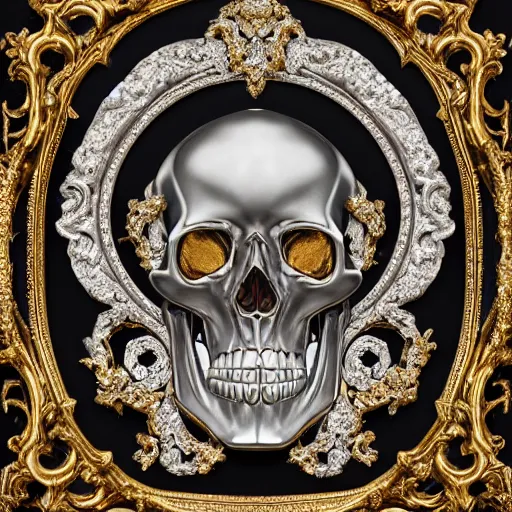 Image similar to a portrait of a beautiful ornate and intricate rococo skull with silver and gold details and diamonds inside a rococo frame, 4k, octane render, vray, unreal engine, photorealistic