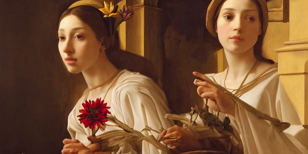 Prompt: beautiful oil matte portrait painting, woman holding a flower inside a cathedral, wonderful masterpiece highly detailed, beautiful cinematic light deep focus, elegant, digital painting, smooth, sharp focus, golden ratio, dramatic illumination, ultra realistic, 8 k, art by artemisia lomi gentileschi and caravaggio