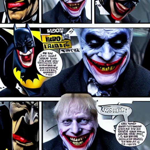 Image similar to batman movie scene boris johnson as the joker, super villain, dc comics, marvel, photorealistic, villain, 8 k