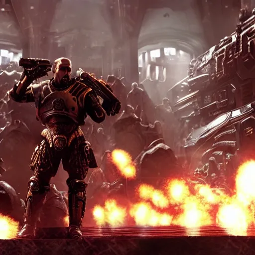 Image similar to Portrait of Kanye West as the emperor of humanity from warhammer 40k in Gears of War, splash art, movie still, cinematic lighting, dramatic, octane render, long lens, shallow depth of field, bokeh, anamorphic lens flare, 8k, hyper detailed, 35mm film grain