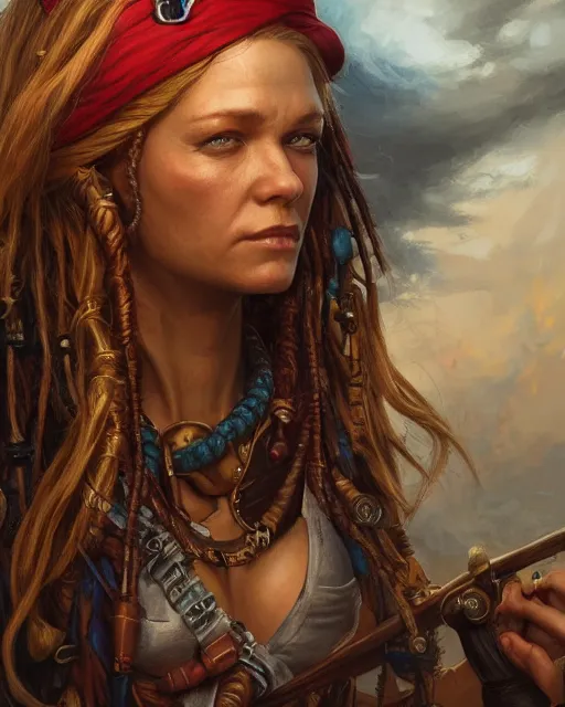 Prompt: female pirate on ship, cover page very intricate | cinematic lighting | award - winning | closeup portrait | by donato giancola and mandy jurgens and charlie bowater | featured on artstation