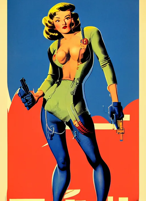 Image similar to american propaganda poster. cyberpunk hitwoman. portrait by jean giraud and anton otto fischer and john philip falter and will eisner and gil elvgren