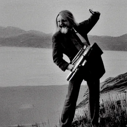 Image similar to robert wyatt laughing maniacally and shooting the view with his gun