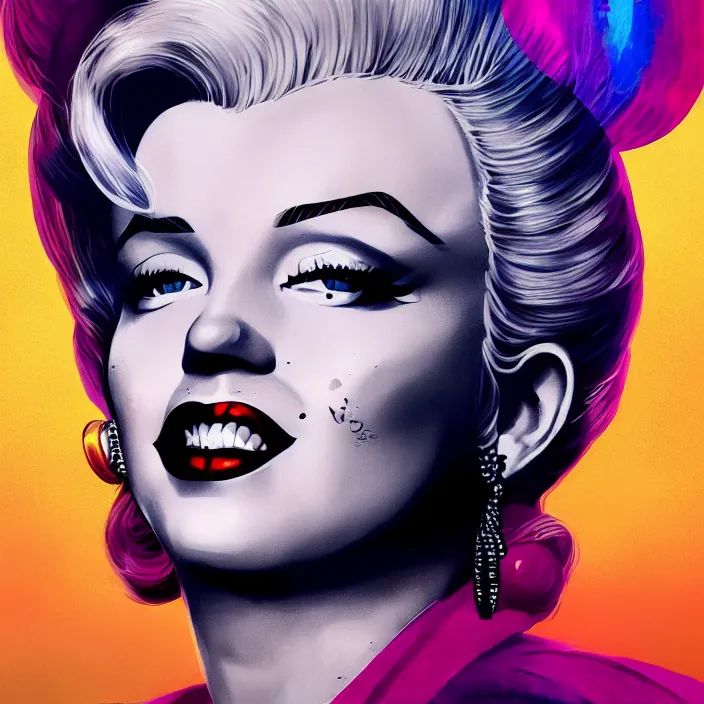 Image similar to portrait of Marilyn Monroe as a harley quinn. intricate abstract. intricate artwork. by Tooth Wu, wlop, beeple, dan mumford. octane render, trending on artstation, greg rutkowski very coherent symmetrical artwork. cinematic, hyper realism, high detail, octane render, 8k, iridescent accents