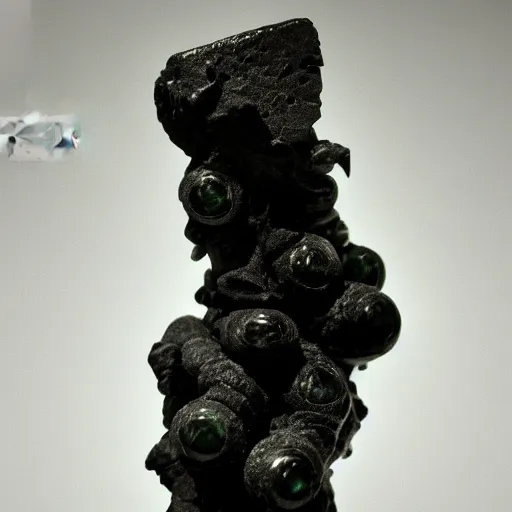 Prompt: photo of fragmented Obsidian Babylonian sculpture of Fizz (league of legends) made of Obsidian, Obsidian!! (EOS 5DS R, ISO100, f/8, 1/125, Museum, postprocessed)