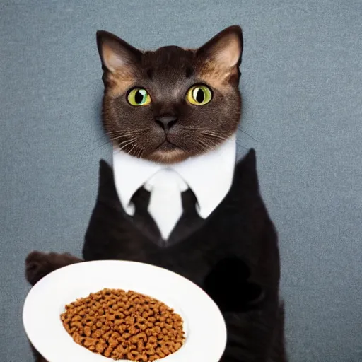 Image similar to cat in a suit eating a plate of cat food at a fancy restaurant