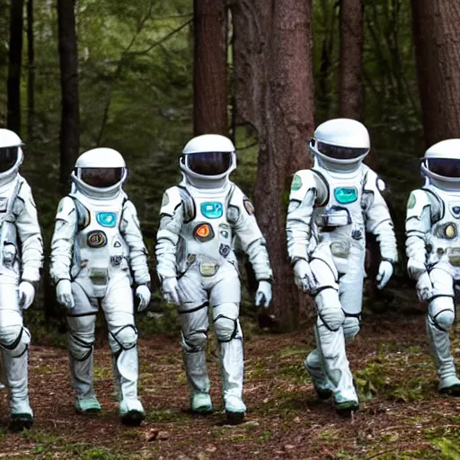 Image similar to a squad of space scouts wearing camo uniforms with white armor and helmets exploring a forest planet