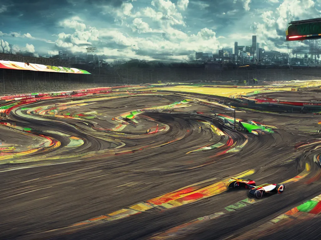 Prompt: a racing track in a game hyperealistic very colourful hdr cinematic lighting cgi render photorealistic cinematic octane render