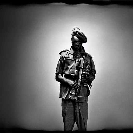 Image similar to black and white photo, portrait of rwandan soldier looking angry by richard avedon, realistic, Leica, medium format, cinematic lighting, parallax, high resolution,