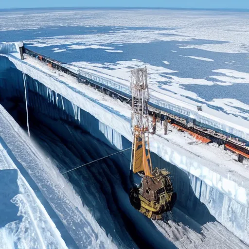 Image similar to immense tunnel boring drill breaks through surface ice into vast subterranean ocean