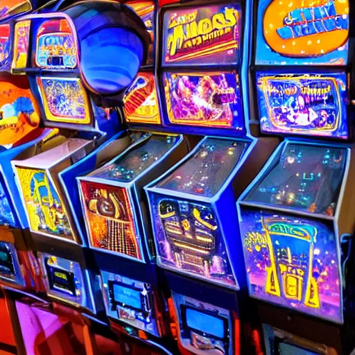 Prompt: A space-themed retro pinball machine in an arcade, photorealistic, studio lighting