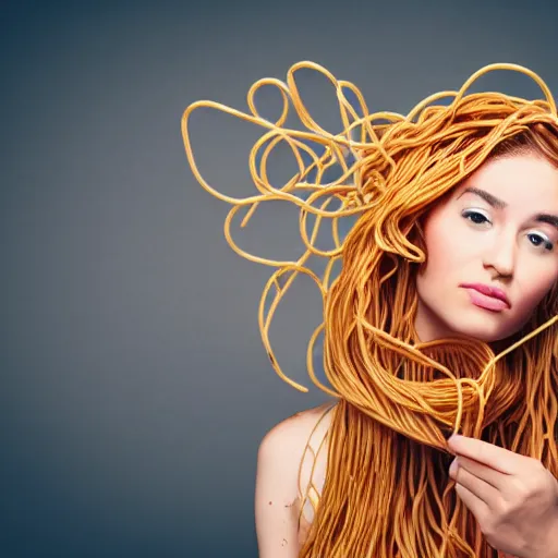 Prompt: a woman with spaghetti as hair, 8 k, 4 k, professional photography, award winning photo